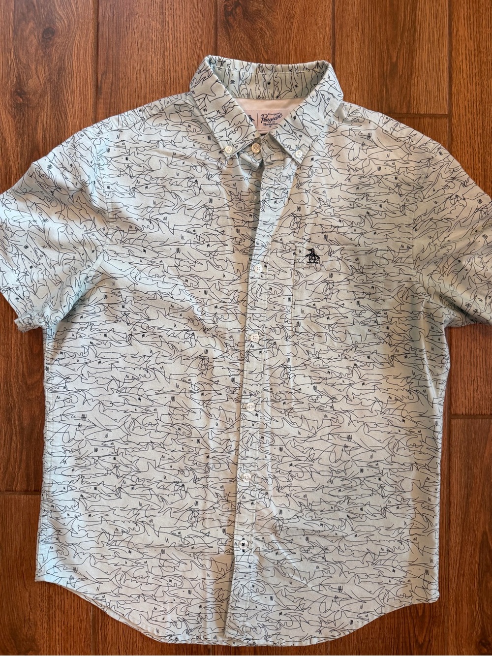 Original Penguin Light Blue Short-Sleeve Shark Print Button-Down Shirt / medium